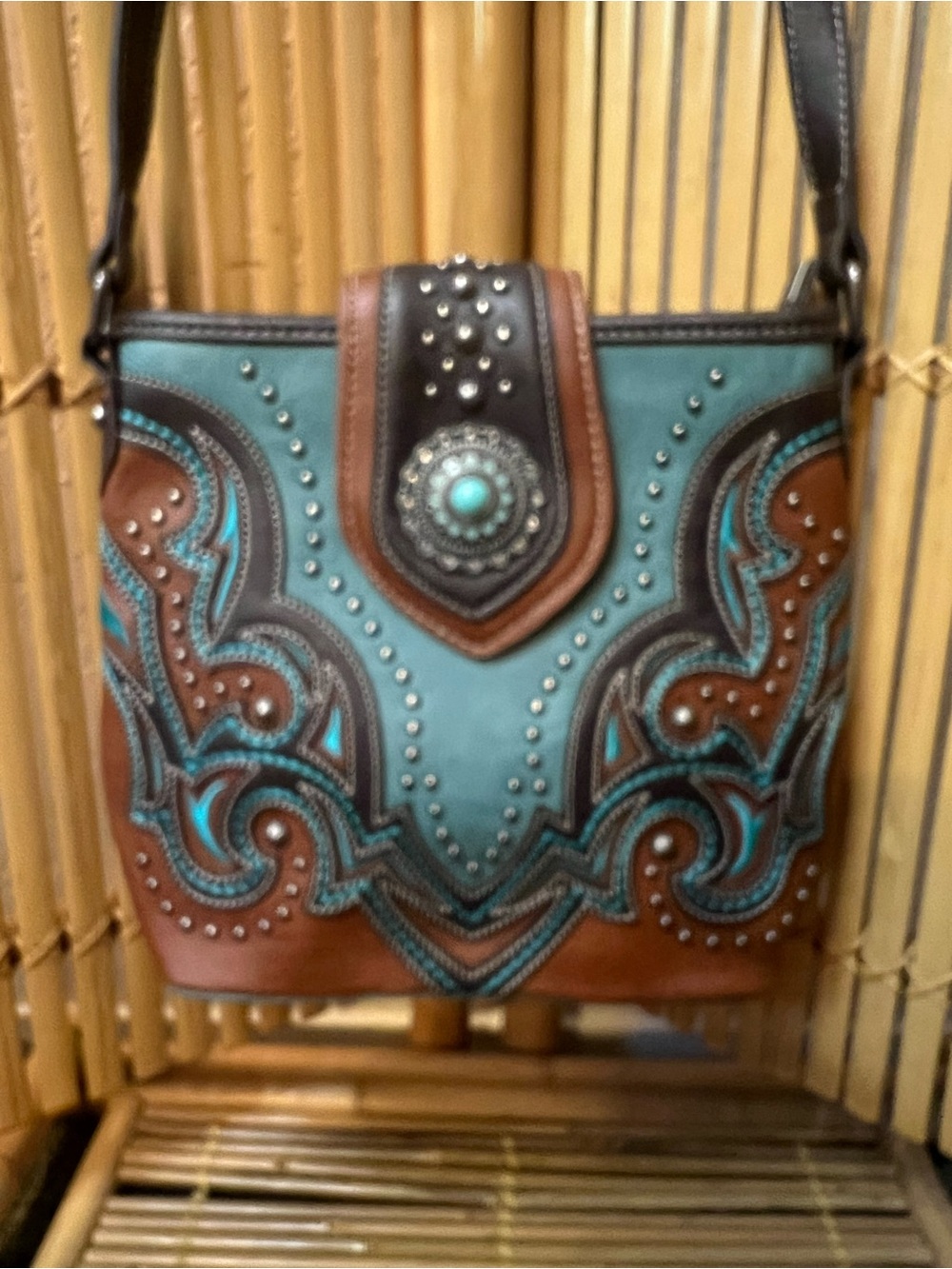 Montana West Turquoise and Brown Western-Style Studded Crossbody Bag